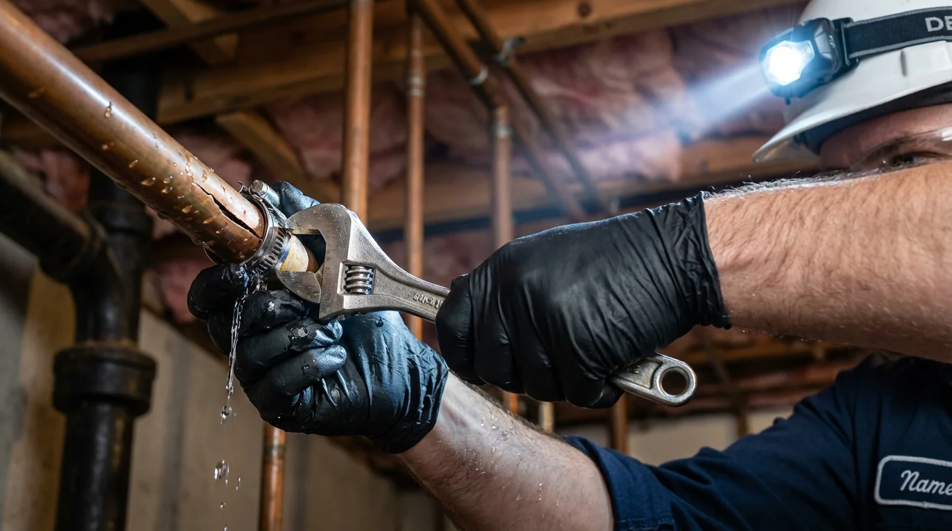 Emergency pipe clamp repair being performed by a Johns Plumbing LLC plumber in Pana