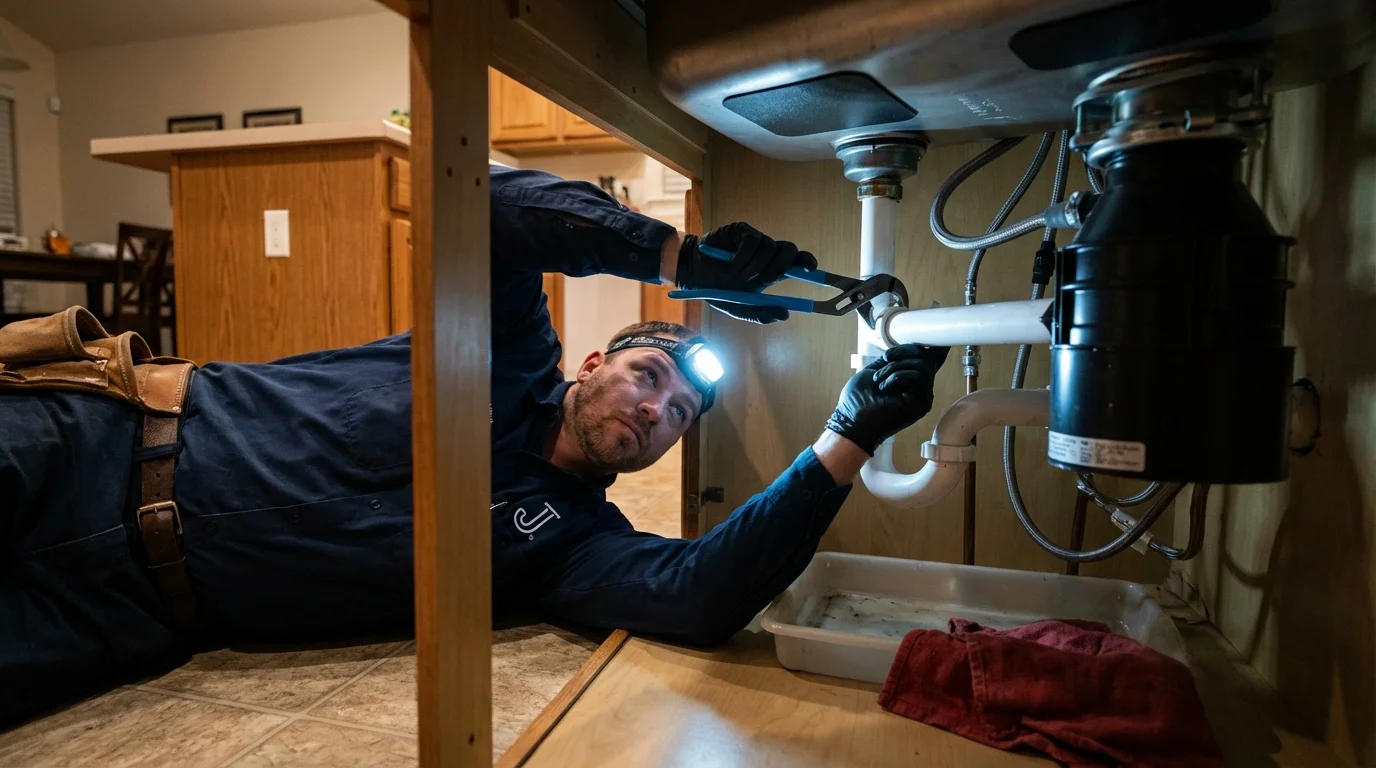 P-trap and supply line connections under a kitchen sink showing a common leak point in Pana, IL